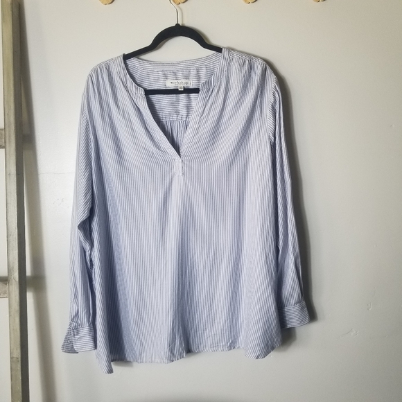 WORKSHOP REPUBLIC LONG SLEEVE V-NECK BLUE AND WHITE STRIPED BLOUSE SIZE 1X - Picture 1 of 10